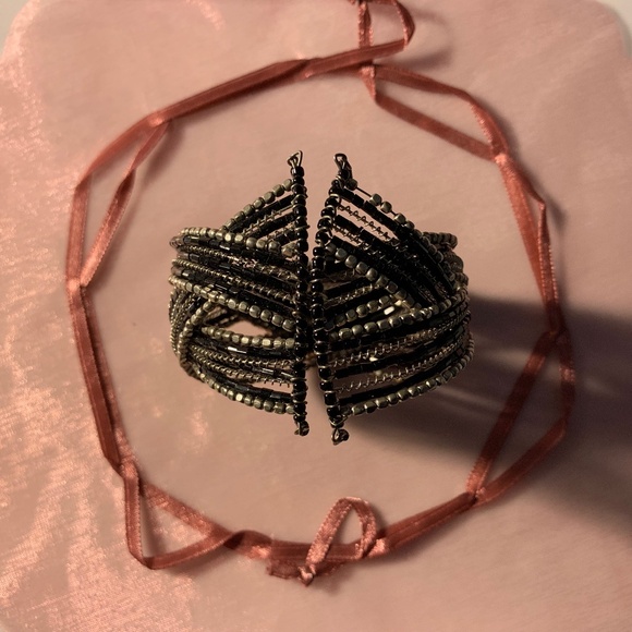 Silver & Black Beaded Cuff Bracelet – Multi-Strand Crisscross Design - Picture 5 of 5